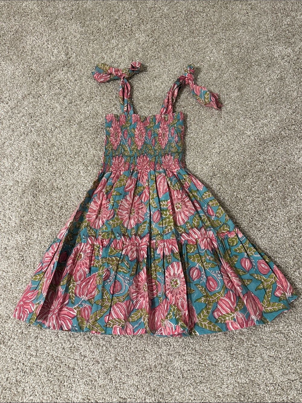 Girls Pink Floral Tie-Shoulder Sundress with Teal Background